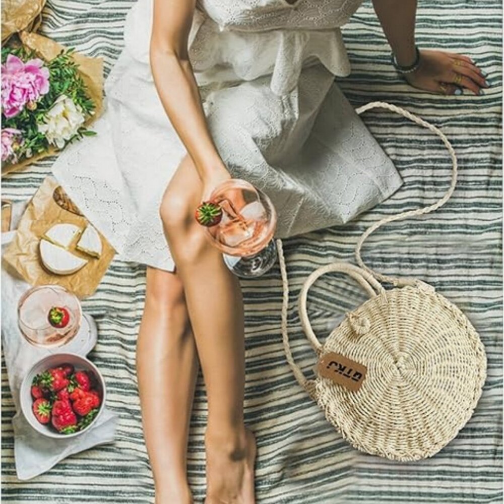 Summer Beach Round Rattan Bag, Hand Woven Bali Straw Tote